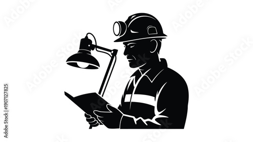 Mining worker silhouette reading document under industrial lamp wearing hard hat and reflective vest black and white illustration