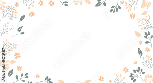 Elegant floral border frame design featuring soft peach and grey leaves and flowers around a large central white copy space area.