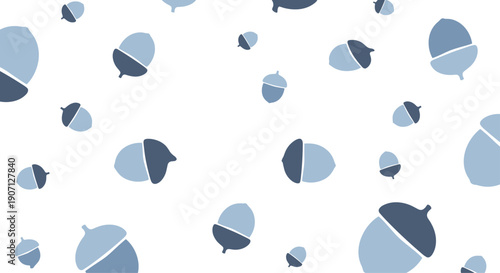 Simple blue acorn pattern with various shades of blue nuts scattered randomly on a white background for autumn or nature themes.
