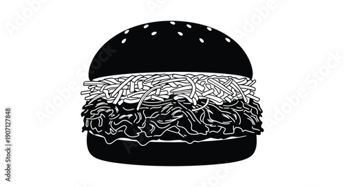 A black and white illustration of a cheeseburger with french fries
