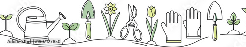Garden essential tools and growing plants create a lovely border illustration symbolizing springtime planting activities and horticultural care preparation