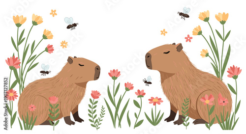 Charming capybara illustration with two animals sitting among various spring flowers and buzzing honeybees on a plain white background.