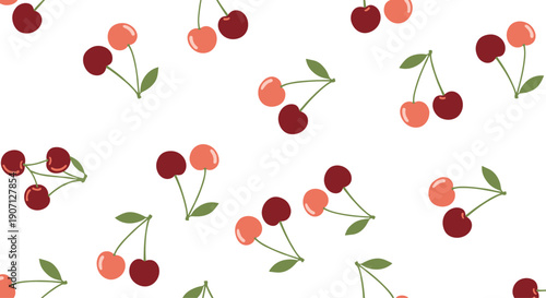 Beautiful cherry pattern with pairs of red and pink fruits attached to green stems and leaves scattered on a simple white background.