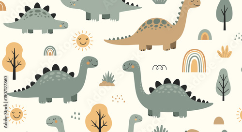 Childish dinosaur seamless pattern with cute prehistoric creatures, smiling suns, colorful rainbows, and trees on a cream background.