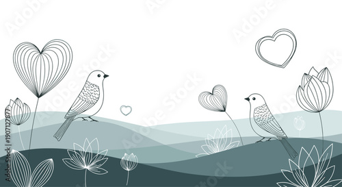 Minimalist line art illustration of cute birds perched on branches among hearts and lotus flowers over soft blue wavy hill shapes.