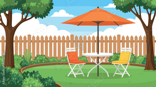 Outdoor backyard garden patio with white table orange umbrella and chairs featuring wooden fence green grass and trees vector.