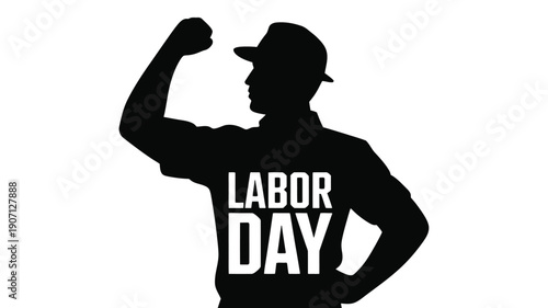 Silhouette of a worker celebrating labor day with a flexed arm and a cap on a plain white background