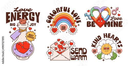 Valentine and love groovy stickers. Funky, retro patches featuring love potion bottle, cheerful rainbow, heart shaped peace sign, and smiling daisy. Valentine vector stickers for planners, event merch