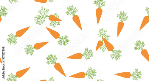 Vibrant orange carrot pattern featuring whole vegetables with lush green leaves scattered in various directions on a white background.