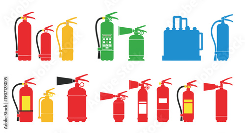 Colorful assortment of fire extinguishers in various designs and orientations