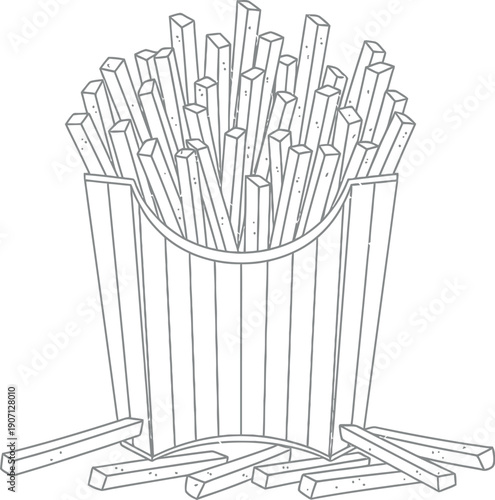 Minimalist line art drawing depicting a classic container overflowing with perfectly cut rectangular french fries spilled slightly onto the surface below
