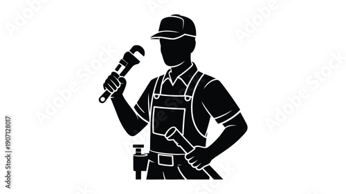 Plumber silhouette vector holding wrench and tool belt wearing overalls and cap standing confidently with industrial plumbing equipment black and white illustration