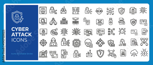 Cyber Attack Line Icons Set – Malware, Phishing, Ransomware and Network Threats