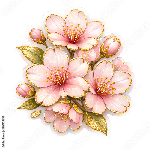 A vibrant illustration of pink cherry blossoms with golden accents and leaves against a clean white video background with abstract animation elements.
