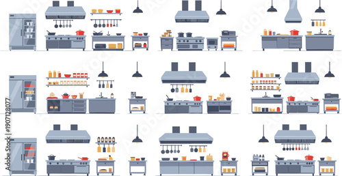 Professional industrial kitchen interior with stainless steel appliances commercial stove ventilation hoods cooking utensils and restaurant food preparation counters vector