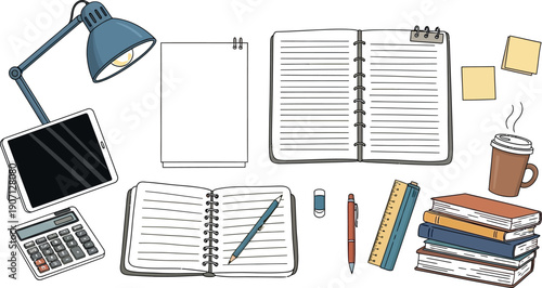 Assorted collection of essential study and work materials featuring a desk lamp, digital tablet, calculator, notebooks, pens, ruler, stack of books, and steaming coffee cup for office tasks.