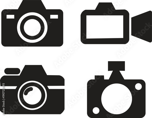 Camera and video camera icon set, filled and outline silhouettes, photography and videography symbols for UI, app design, web icons and social media graphics