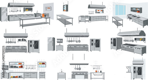 Set of modern professional kitchen layouts with commercial cooking equipment stainless steel workstations industrial refrigerators and restaurant food service supplies vector