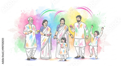 Indian family celebrating Holi festival with colors joyful gathering in traditional attire illustration for cultural events and celebrations