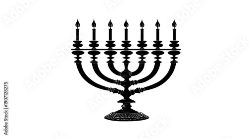 A seven-branched candelabrum silhouette with lit candles, placed on a white background