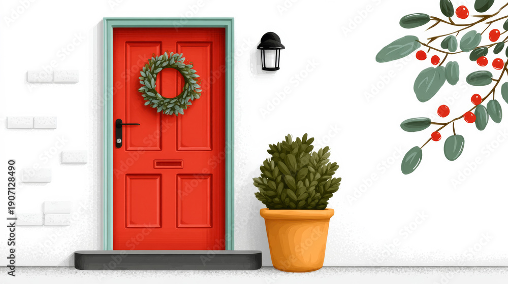 Fototapeta premium Minimalist chalking door tradition with festive wreath and potted plant