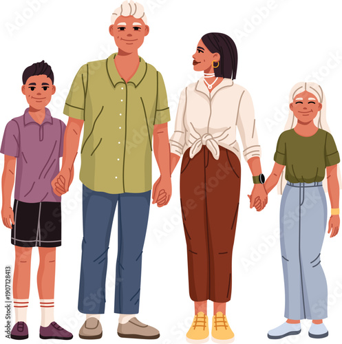Parents and kids family members cartoon characters. Father and mother couple, teenage son and daughter family members vector happy smiling characters dressed casually, standing together, holding hands