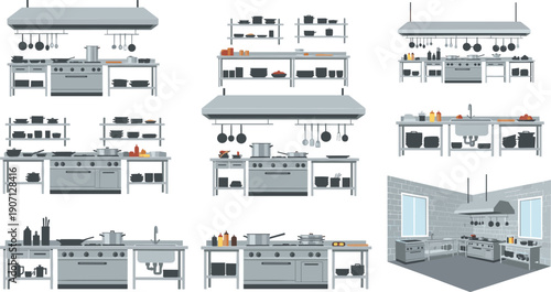 Professional industrial kitchen interior set with stainless steel appliances commercial stove ventilation hoods cooking utensils pots and pans for restaurant business flat vector illustration
