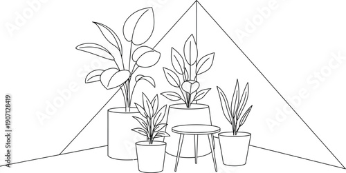 Minimalist line art illustration featuring a collection of four potted houseplants arranged around a small circular side table in a simple room corner setting.
