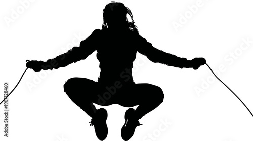 A silhouette of a person in mid-air holding a jump rope. They are bent and in motion