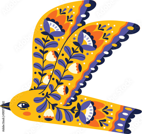 Scandinavian folk flying yellow ornate bird print. Slavic folk animal colorful drawing, Nordic folklore ornate vector decoration. Scandinavian bird embroidery with blue and orange flower ornaments