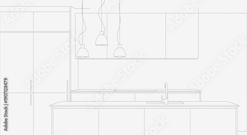 Modern kitchen layout blueprint showing integrated appliances island counter three pendant lights above and seamless cabinetry elevation for interior design visualization projects
