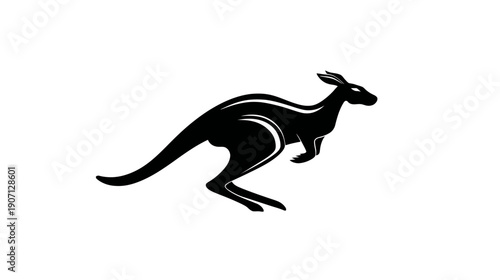 A dynamic, bold silhouette of a kangaroo leaping across a white background. It's in motion