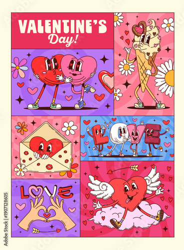 Valentine love groovy characters on posters and banners with funky hearts, cartoon vector. Valentine's day posters with funny groovy hearts in love on cloud heaven with cupid arrow and envelope letter