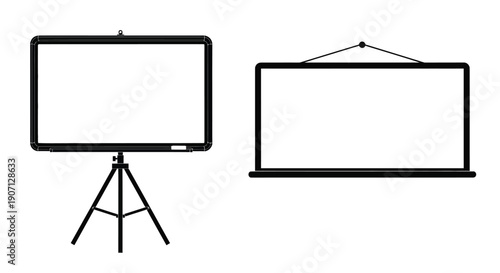 Two projection screens one on a tripod and one wall mounted shown in black outline