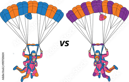 : Vector illustrations of tandem skydiving and parachute jumping for extreme sports adventure and outdoor activity concepts।