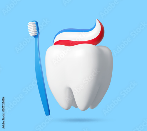 3d tooth with toothbrush, dental care. Realistic vector white tooth with toothpaste swirl and blue toothbrush. Dental hygiene symbol showing oral care, health and daily brushing routine and healthcare