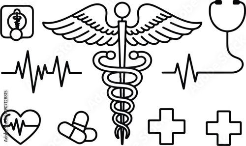 Set of medical healthcare icons caduceus symbols electrocardiogram heart pulse and first aid kit for doctor clinic hospital.