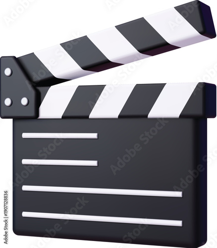 3d film clapper board, movie clapperboard icon with black or white striped slate and blank writing lines. Cinematic vector movie production symbol of video shooting, filmmaking process, media industry