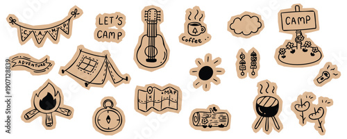 Hand drawn camping and outdoor adventure sticker set featuring tent, campfire, guitar, map, compass, and forest travel elements for scrapbook and journal. Vector illustration design.