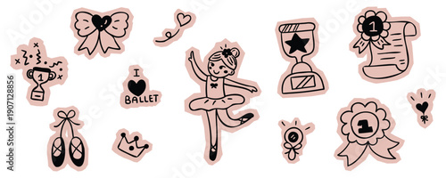 Hand drawn ballet dancer sticker set featuring ballerina girl dancing with trophy, pointe shoes, crown and award ribbon for journal and scrapbook. Vector illustration design.