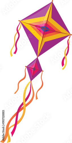 Cartoon festive diamond shaped paper kite in vibrant shades of purple, yellow and orange long curling streamers. Kids outdoor sports kite. Indian festival isolated vector paper wing or flying toy