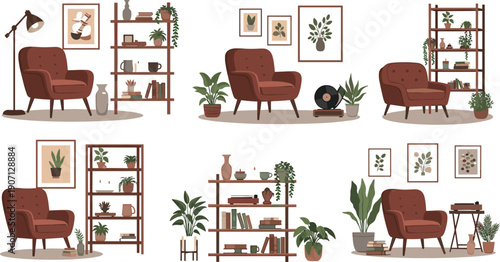Cozy mid century modern living room interior set with comfortable armchairs wooden bookshelves house plants wall art and vintage record player flat vector illustration