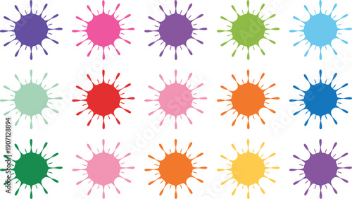 Bright paint splatter circles vector set, colorful radial splash shapes and ink blot elements isolated on white background