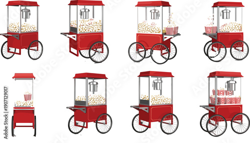 Set of vintage red popcorn cart vectors with wheels and snack containers for carnival fairs movie theater concessions and summer festivals
