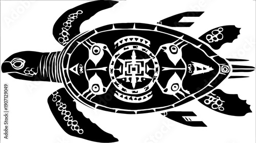 A black and white stylized turtle illustration featuring intricate tribal patterns on its shell