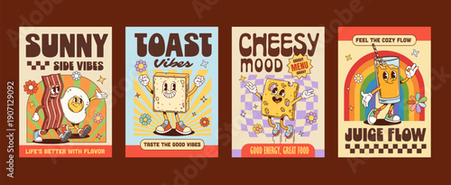 Funky groovy hippie breakfast food characters posters. Retro vector scrambled eggs with bacon, toast slice, cheese wedge, and orange juice for diner decor, cafe promotions, or party decorations
