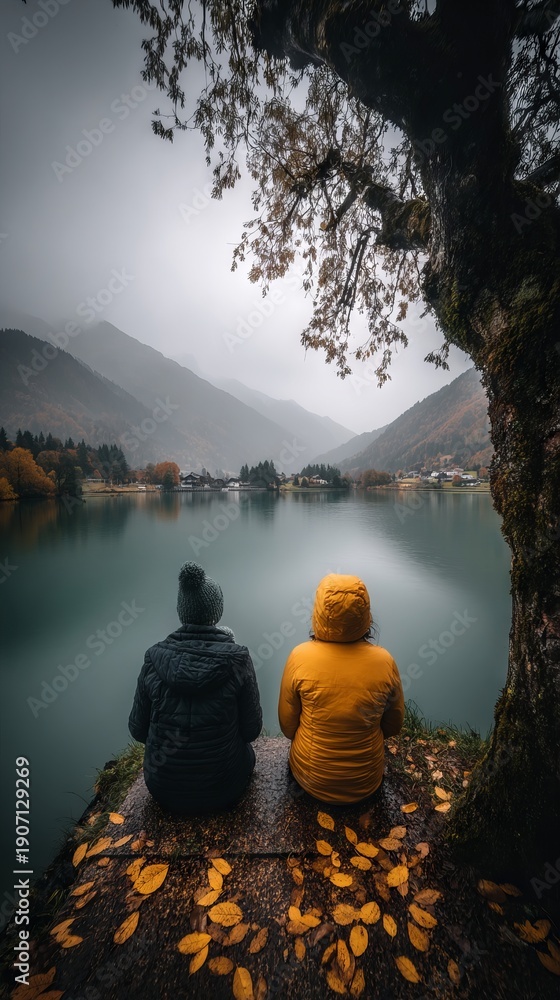 Fototapeta premium Two individuals sitting on a stone pier overlooking a tranquil lake surrounded by mountains and autumn foliage under a cloudy sky in a serene natural setting