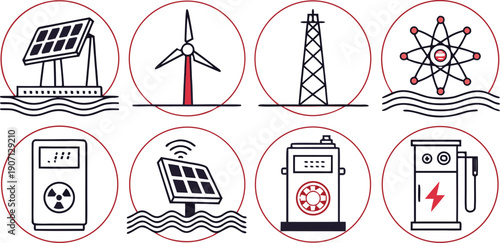  Energy generation icons set featuring renewable nuclear fossil fuel power technologies for modern infrastructure systems