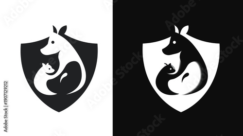 Stylized, minimalist logo featuring a dog and cat within a shield, with reversed color palettes