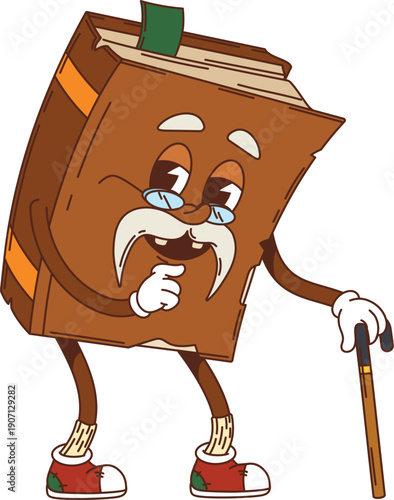 Cartoon groovy old book character with glasses, mustache and walking cane, wise elderly reader or teacher. Retro y2k hippie vector clever personage. education, literature, school or library mascot